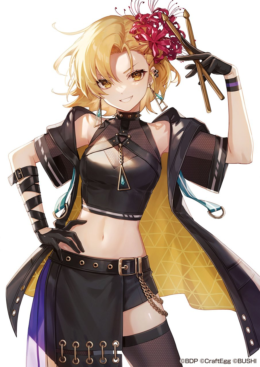 1girl amaichi_esora arm_belt bang_dream! bangs bare_shoulders belt black_belt black_cape black_gloves black_shirt black_skirt black_thighhighs blonde_hair breasts cape collar commentary_request covered_collarbone cowboy_shot crop_top drumsticks ear_piercing earrings fishnet_thighhighs fishnets flower gloves grin hair_between_eyes hair_flower hair_ornament hand_on_hip hand_up highres holding holding_drumsticks jewelry looking_at_viewer medium_breasts midriff navel off_shoulder official_art parted_hair piercing satou_masuki shirt short_hair short_sleeves sidelocks simple_background skindentation skirt sleeveless sleeveless_shirt smile solo spiked_collar spikes standing teeth thighhighs white_background yellow_eyes
