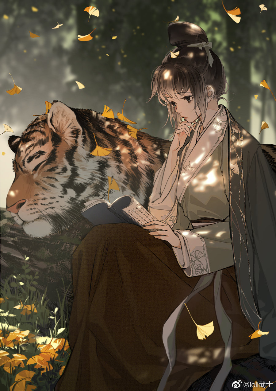 1girl 1other black_hair book brown_eyes chinese_clothes closed_eyes falling_leaves grass grey_ribbon hair_bun hair_ribbon hand_to_own_mouth highres holding holding_book leaf loli_bushi long_hair open_book original outdoors parted_lips reading ribbon sidelocks tiger tree twitter_username under_tree