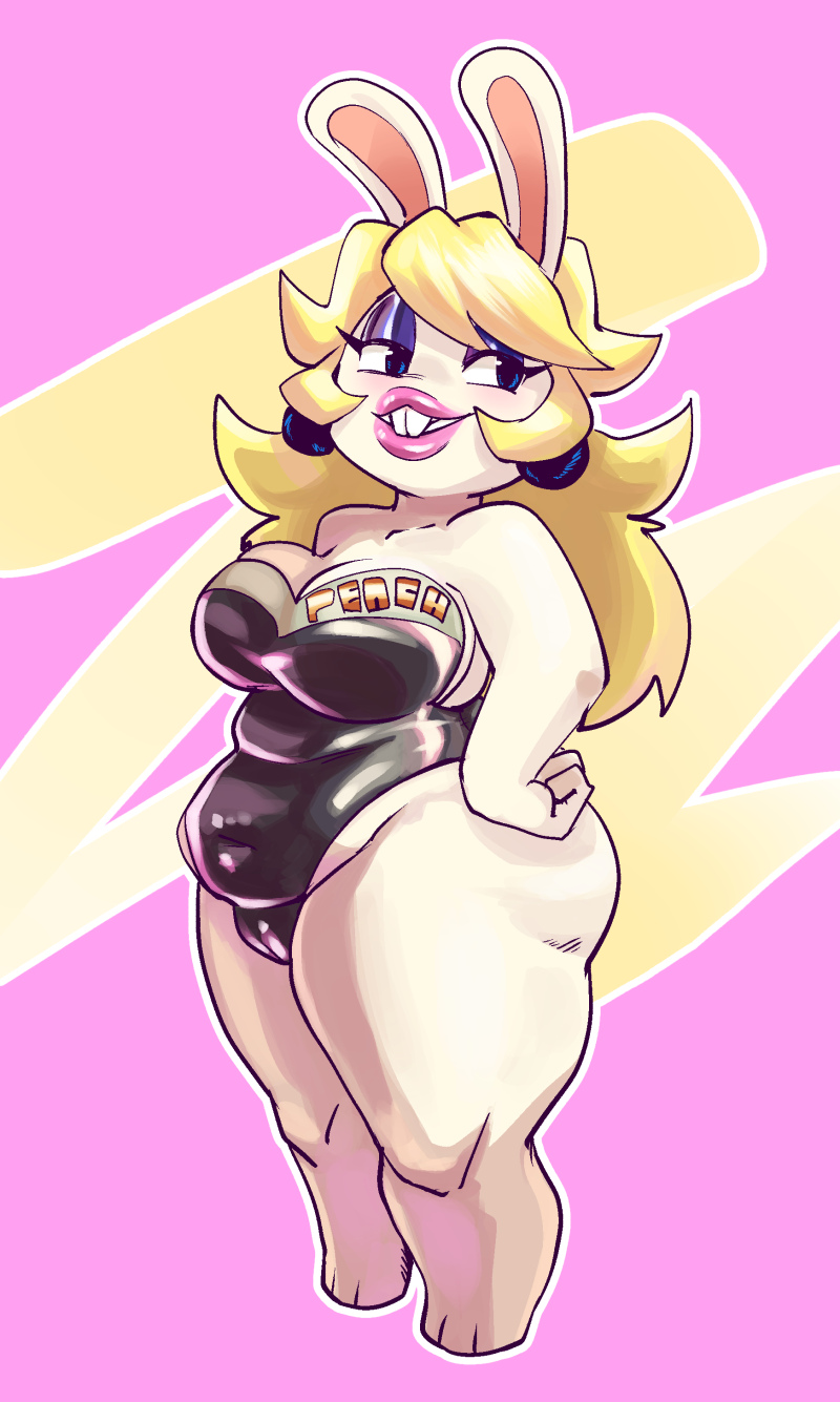 anthro blonde_hair blue_eyes box_chan breasts chubby_anthro chubby_female cleavage clothed clothing crossover eyeshadow female fur hair hi_res lagomorph lipstick makeup mammal mario_bros mario_plus_rabbids_kingdom_battle nintendo rabbid rabbid_peach raving_rabbids rayman_(series) simple_background smile solo standing thick_thighs ubisoft white_body white_fur