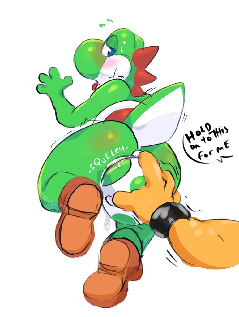 ambiguous_gender anthro blush bodily_fluids bowser bracelet butt clothing disembodied_hand duo egg egg_insertion footwear green_body jewelry koopa mario_bros nintendo rear_view scalie shoes simple_background tongue tongue_out white_background xxbrewbeastxx yoshi yoshi_egg