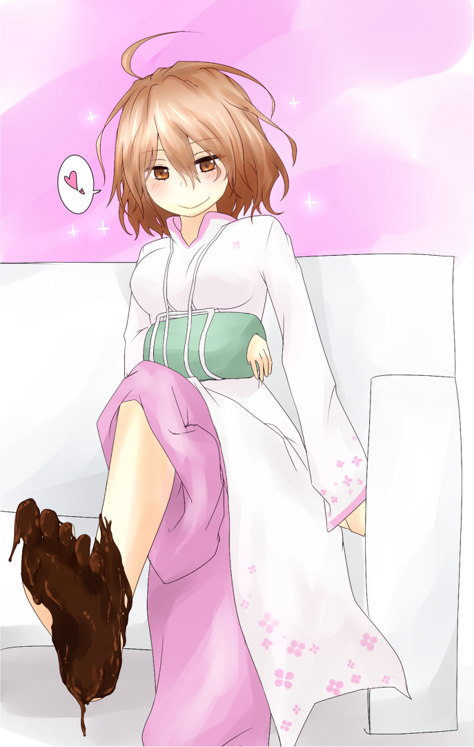 1girl ahoge arm_sling breasts brown_eyes brown_hair cast chocolate chocolate_on_body chocolate_on_foot closed_mouth commentary_request couch dress feet food_on_body foot_focus foot_out_of_frame hair_between_eyes heart i.u.y large_breasts light_blush long_dress long_sleeves looking_at_viewer medium_hair misaka_worst on_couch single_barefoot sitting smile solo speech_bubble toaru_majutsu_no_index toaru_majutsu_no_index:_new_testament vietnamese_dress white_dress