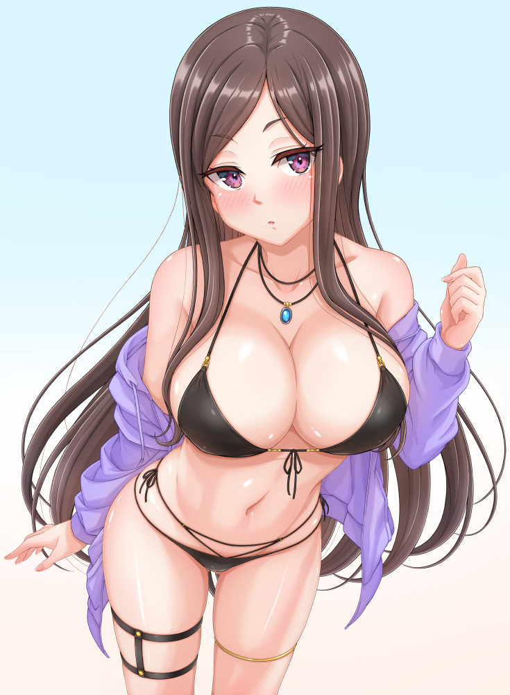1girl bikini black_bikini blush breasts brown_eyes brown_hair cleavage collarbone dorothy_(princess_principal) jacket jewelry large_breasts long_hair multicolored_eyes navel necklace open_mouth princess_principal purple_eyes purple_jacket shakunetsujigoku solo swimsuit