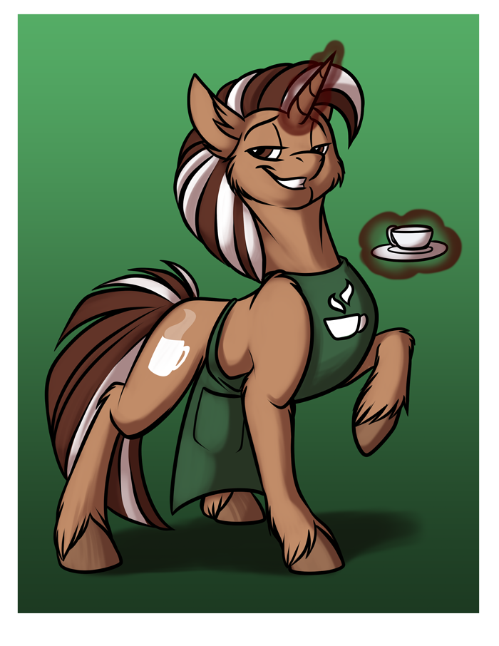 apron apron_only border brown_body brown_eyes brown_fur brown_hair clothed clothed_feral clothing container cup cutie_mark equid equine feral fetlocks foxenawolf frothy_brew fur goldfur's_cogsverse gradient_background hair hasbro hooves horn levitating magic male mammal multicolored_hair my_little_pony simple_background solo tail tea_cup two_tone_hair unicorn unicorn_horn white_border