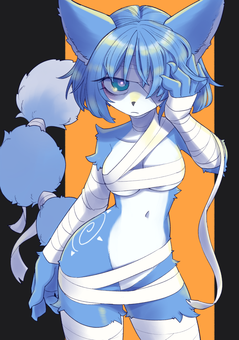 2023 anthro blue_body blue_ears blue_fingers blue_fur blue_hair blue_tail breasts canid canine female fox front_view fur fur_tuft hair krystal mammal navel nintendo one_eye_obstructed star_fox tail tuft unousaya wraps