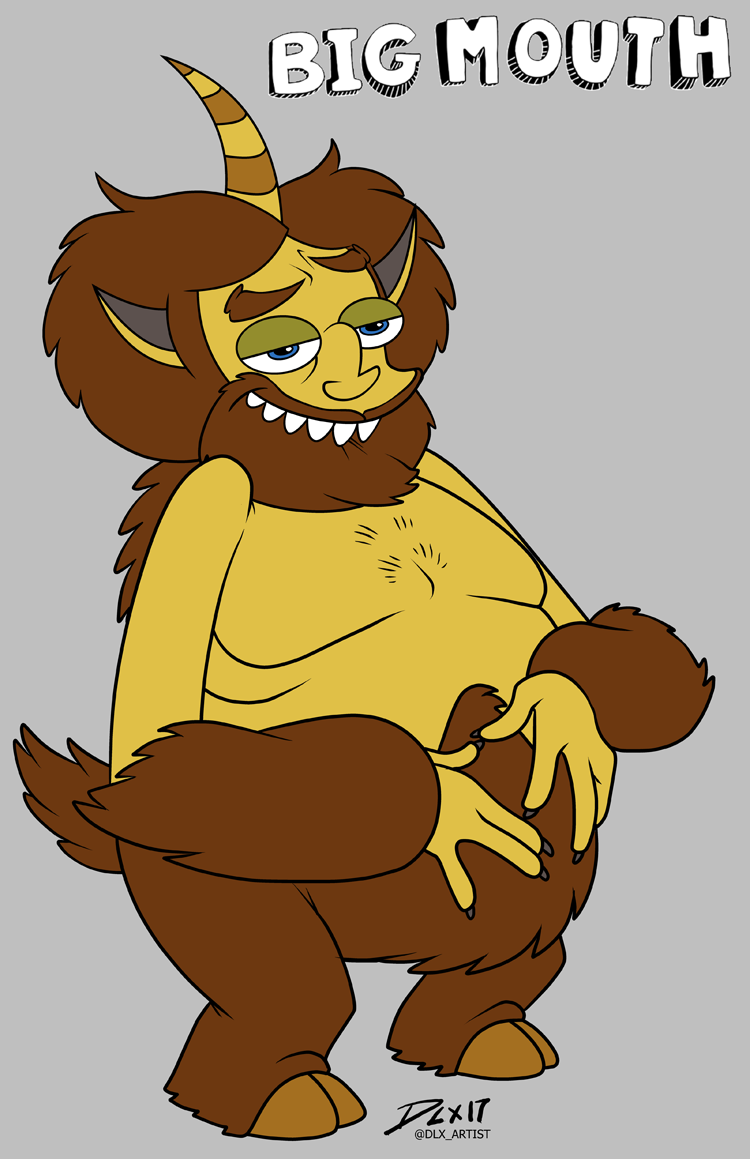 1-horn arm_hair beard belly big_belly big_mouth_(series) bite biting_lip blue_eyes body_hair bovid caprine dwaynebiddixart facial_hair grin hooves hormone_monster horn humanoid male mammal monster netflix overweight smile solo