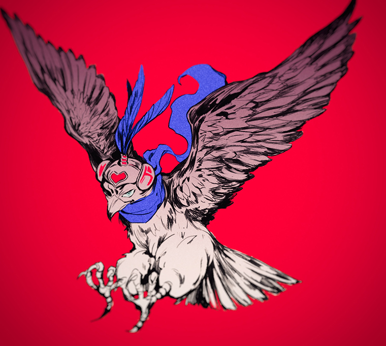 animal bird blue_eyes blue_scarf closed_mouth commentary_request eagle feather_hair_ornament feathers hair_ornament jojo_no_kimyou_na_bouken mizudama no_humans pet_shop red_background scarf simple_background solo stardust_crusaders