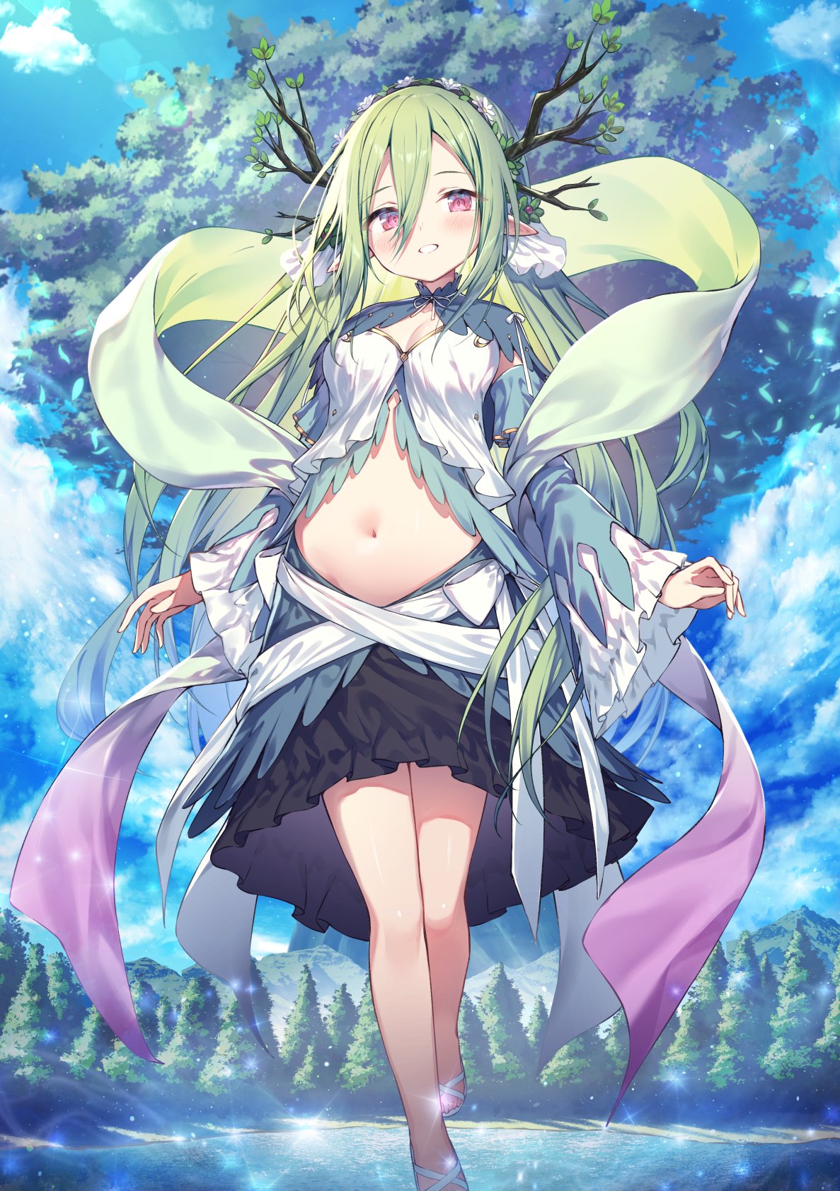 1girl antlers bare_legs black_skirt blue_sky blush breasts cleavage cloud commentary day detached_sleeves fantasy floating forest full_body giant_tree green_hair hair_between_eyes highres lake leaf long_hair looking_at_viewer midriff mountainous_horizon nature navel original outdoors parted_lips personification pink_eyes pointy_ears sandals shawl skirt sky smile solo sparkle stomach topia tree water white_footwear wide_sleeves yggdrasil