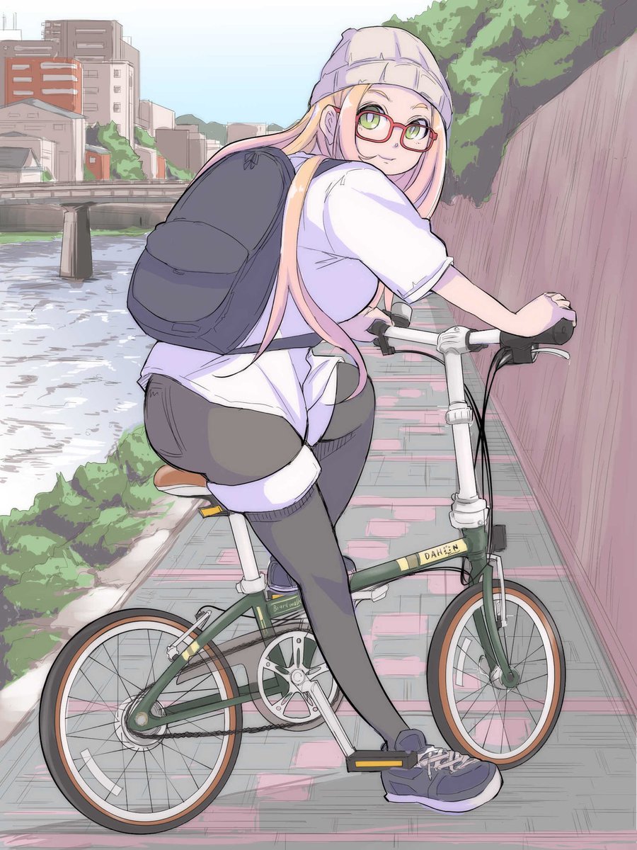 1girl ass backpack bag beanie bicycle black_bag black_shorts black_thighhighs blonde_hair blue_sky breasts bridge building closed_mouth day from_side full_body glasses green_eyes ground_vehicle hadashi_no_kenji hat highres leaning_forward light_smile long_hair looking_at_viewer original outdoors red-framed_eyewear river shirt shoes short_sleeves shorts shoulder_strap sky sneakers straddling thighhighs tree water white_headwear white_shirt