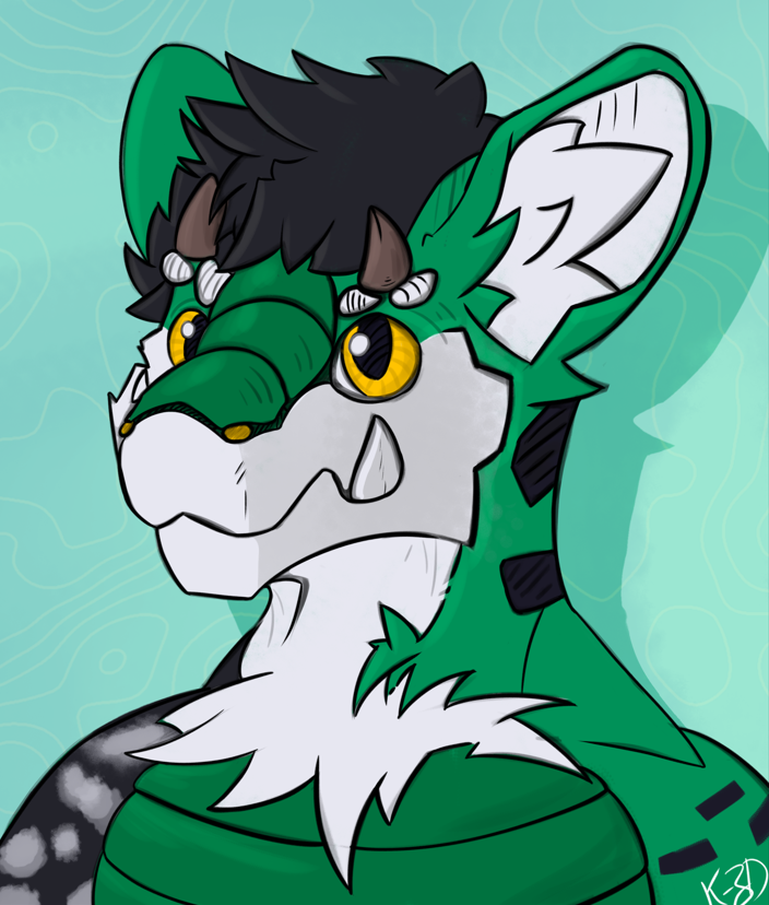 anthro arm_markings black_body black_fur black_hair camo chest_tuft dragon fangs fluffy fur green_body green_fur hair horn inner_ear_fluff kodiak3d male markings milo_(kodiak3d) neutral_expression shoulder_markings simple_background solo teeth tuft white_body white_fur yellow_eyes