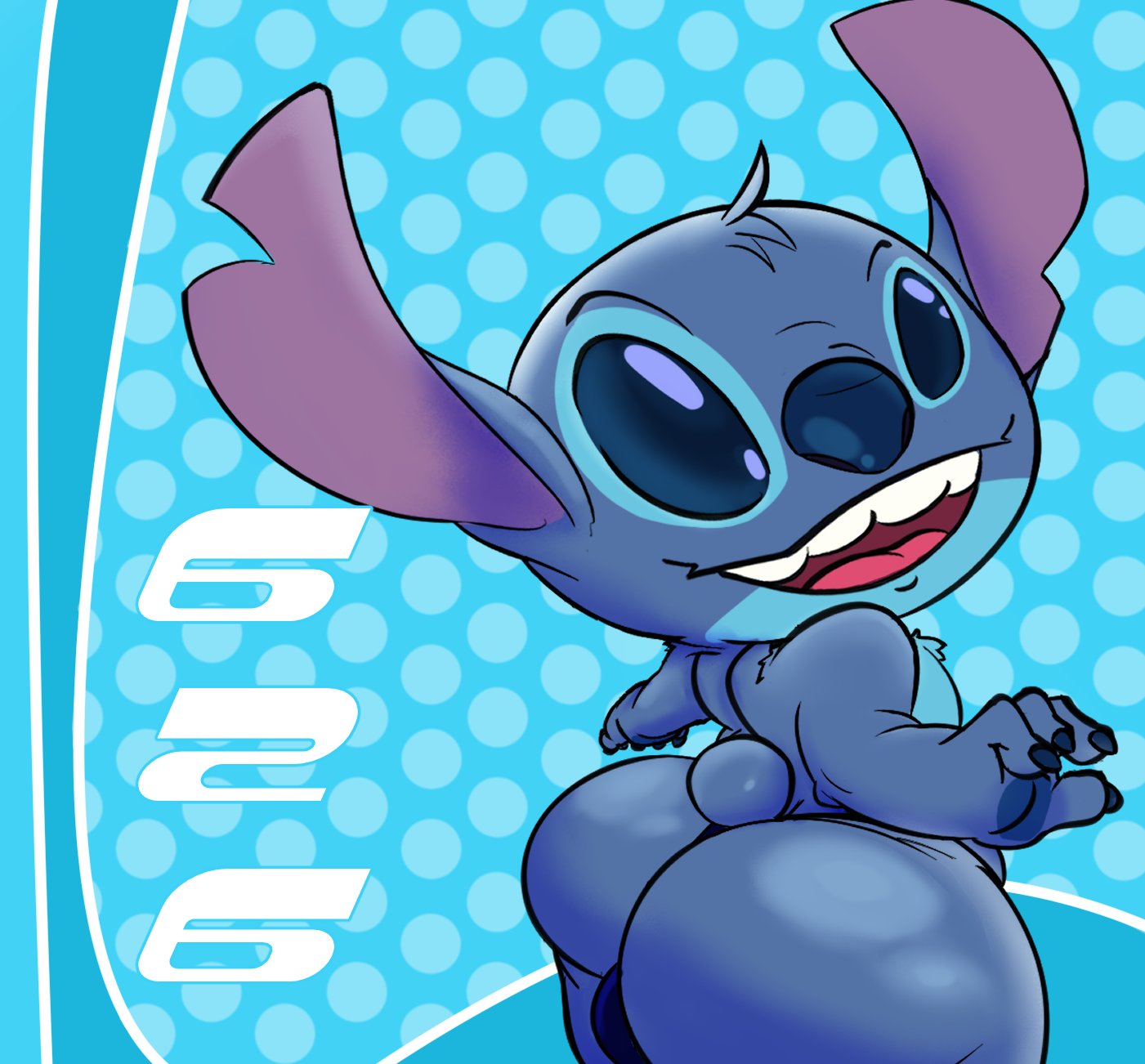 2023 4_fingers alien anthro big_butt big_ears blue_background blue_body blue_clothing blue_eyes blue_fur blue_nose blue_underwear bottomwear bulge butt chest_tuft claws clothed clothing disney experiment_(lilo_and_stitch) finger_claws fingers foreshortening fur head_tuft hi_res lilo_and_stitch looking_at_viewer looking_back looking_back_at_viewer male no_pupils notched_ear number open_mouth pattern_background portrait ream_n_cream rear_view short_tail simple_background skimpy solo stitch_(lilo_and_stitch) tail teeth_showing three-quarter_portrait tight_bottomwear tight_clothing tongue tuft underwear