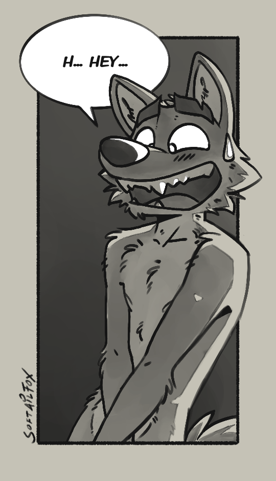 anthro black_and_white blush blush_lines blushing_profusely bodily_fluids canid canine canis cheek_tuft chest_tuft comic covering covering_crotch covering_self dreamworks embarassed_nude_male embarassment facial_tuft fluffy fluffy_tail head_tuft mammal monochrome mr._wolf_(the_bad_guys) nude nude_anthro open_mouth sketch softailfox solo speech_bubble sweat sweatdrop tail teeth teeth_showing the_bad_guys tuft wolf