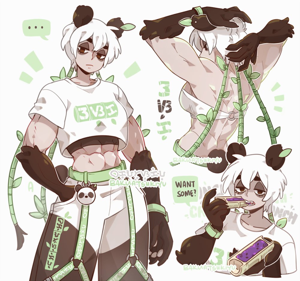 ... 1girl abs animal_ears bakuatsukiyu bamboo biceps breasts brown_eyes closed_mouth collarbone cropped_shirt english_text green_hair large_breasts long_hair looking_at_viewer multicolored_hair muscular muscular_female navel open_mouth original panda_ears panda_girl panda_tail pants shirt short_sleeves solo speech_bubble spoken_ellipsis white_hair white_shirt wristband