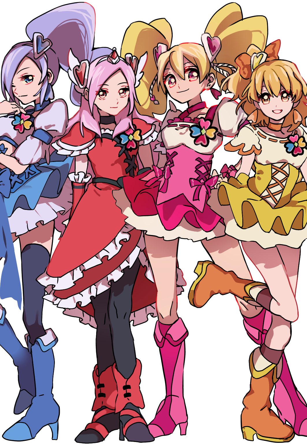 4girls aono_miki black_choker black_pantyhose black_thighhighs blonde_hair blue_choker blue_dress blue_footwear boots bow brown_footwear choker commentary cure_berry cure_passion cure_peach cure_pine dress fresh_precure! frilled_dress frills hair_ornament heart heart_hair_ornament higashi_setsuna high_heel_boots high_heels highres knee_boots looking_at_viewer magical_girl momozono_love multiple_girls one_eye_closed open_mouth orange_choker pantyhose pink_choker pink_dress pink_footwear pink_hair precure purple_hair red_dress sekiguchi_(mitemite_mitene) side_ponytail sidelocks simple_background smile standing thighhighs twintails white_background yamabuki_inori yellow_dress