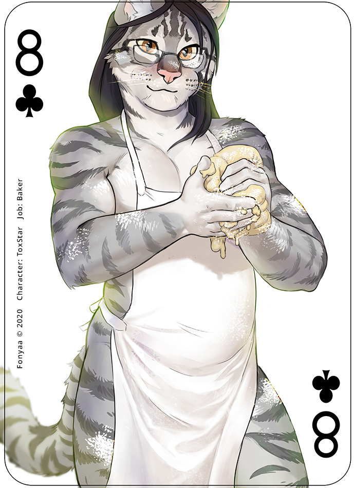 anthro baker black_hair card chubby_male clubs_(suit) domestic_cat dough eyewear felid feline felis flour fonyaa fur glasses grey_body grey_fur hair male mammal playing_card slightly_chubby solo stripes suit_symbol toxstar_(character)