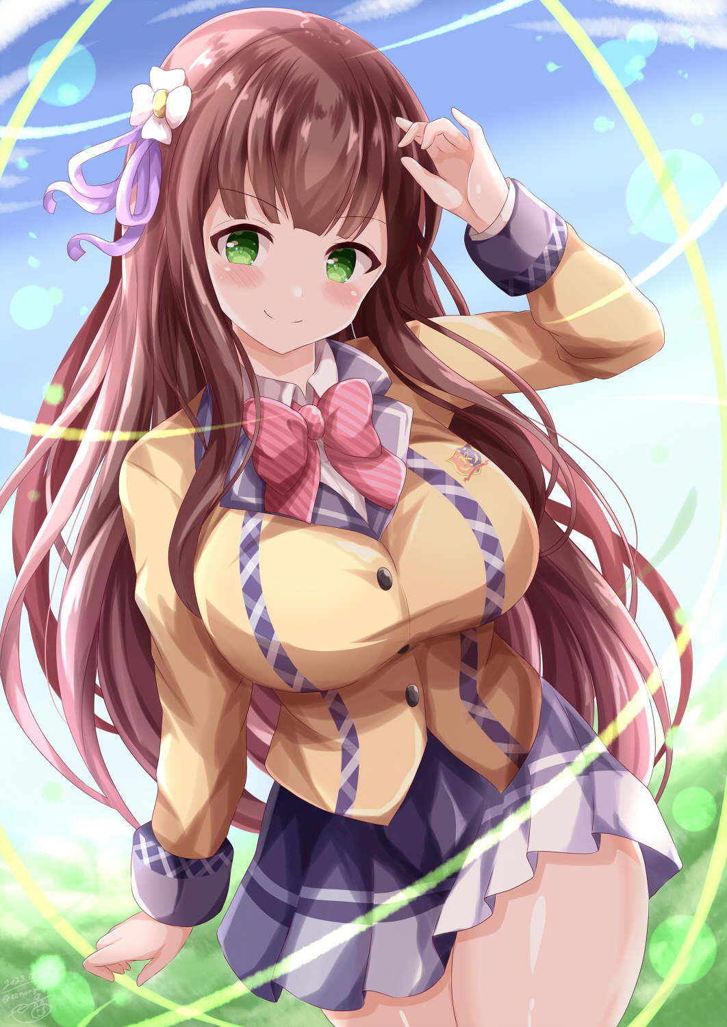 1girl arm_up blue_skirt blue_sky blush bow breasts brown_hair brown_jacket closed_mouth cloud collared_shirt commentary_request dated day diagonal-striped_bow diagonal_stripes flower gochuumon_wa_usagi_desu_ka? green_eyes hair_flower hair_ornament hair_ribbon highres jacket large_breasts long_hair looking_at_viewer outdoors pink_bow pleated_skirt purple_ribbon ribbon school_uniform shirt signature skirt sky smile solo striped twitter_username ujimatsu_chiya very_long_hair white_flower white_shirt xenon_(for_achieve)