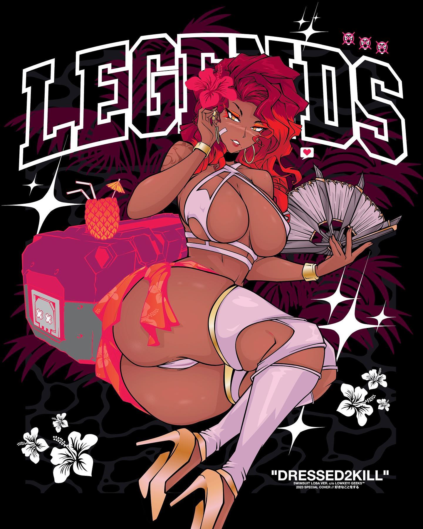 1girl alternate_costume alternate_hairstyle animification apex_legends bikini bracelet breasts brown_eyes cameltoe cleavage cocktail_umbrella covered_nipples criss-cross_halter dark-skinned_female dark_skin death_box_(apex_legends) drinking_straw earrings english_commentary eyeshadow flower folding_fan food fruit garra_de_alanza gold_footwear grey_bikini grey_thighhighs hair_behind_ear hair_flower hair_ornament halterneck hand_fan heart high_heels highres holding holding_fan hoop_earrings jewelry large_breasts loba_(apex_legends) looking_at_viewer lowkey_geeks lying makeup mole mole_under_mouth on_side parted_lips pineapple red_eyeshadow red_flower red_hair smile solo sparkle speech_bubble swimsuit thighhighs white_flower