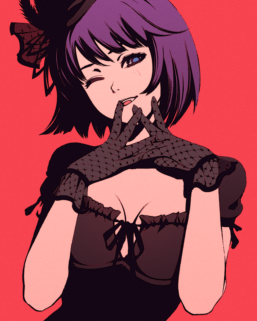 1girl black_dress black_gloves black_headwear black_ribbon blue_eyes blue_pupils bob_cut bow breasts cleavage commentary dress dress_bow dress_ribbon eyelashes fishnet_fabric fishnet_gloves fishnets gloves hair_ribbon hands_on_own_face hat head_tilt high_contrast interlocked_fingers medium_breasts monogatari_(series) moshimoshibe one_eye_closed own_hands_together paper_texture parted_lips purple_hair red_background ribbon ringed_eyes romaji_commentary senjougahara_hitagi short_hair short_sleeves simple_background smile solo teeth tilted_headwear upper_body upper_teeth_only v-neck