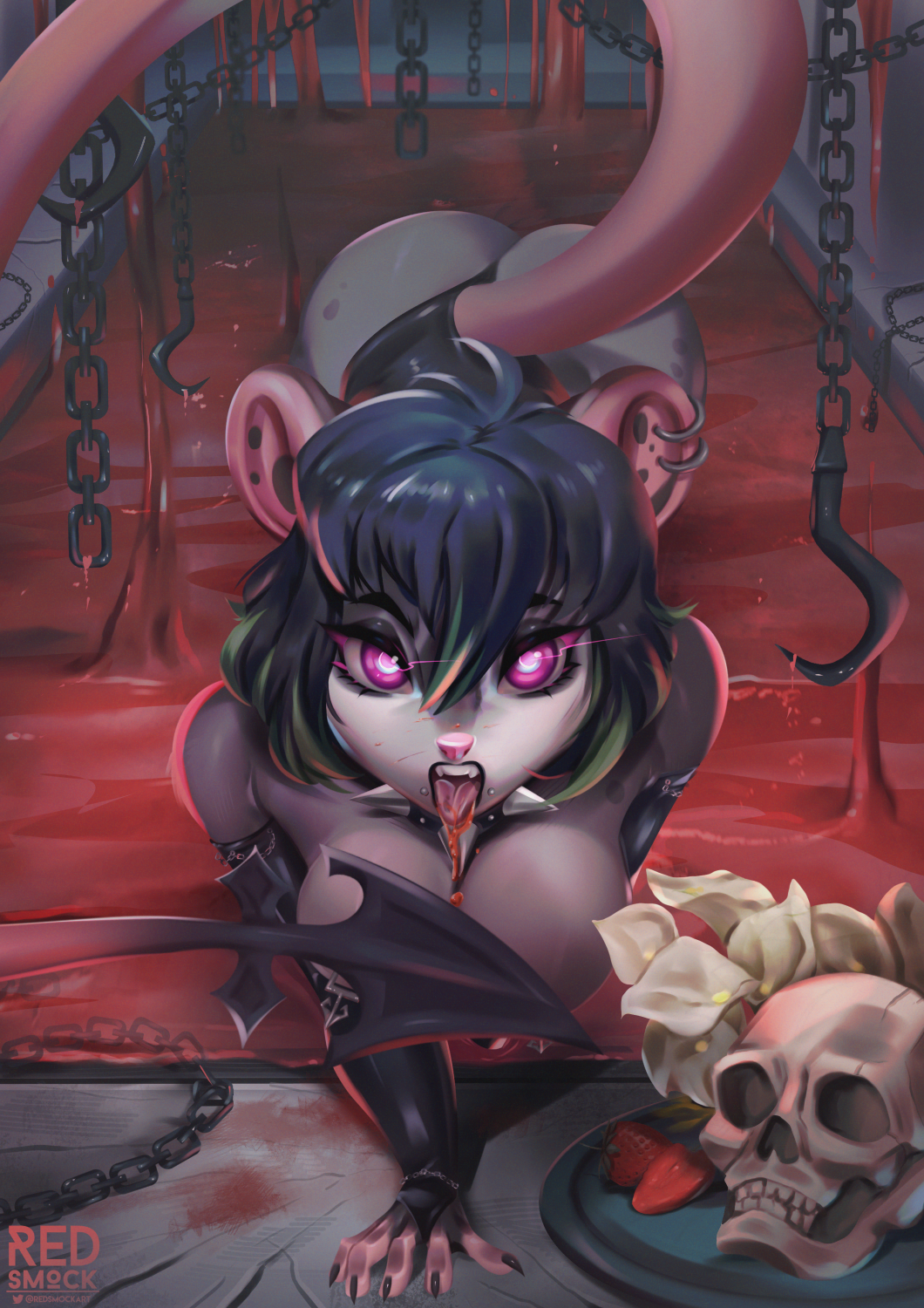 anthro ass_up bath bathtub bdsm big_breasts biped black_hair blood blood_bath blood_in_mouth blood_on_face bodily_fluids bone bottomwear breasts butt calla_lily callas chain claws clothed clothing collar convenient_censorship demon detailed_background didelphid digital_media_(artwork) ear_piercing ear_ring facial_piercing female fingers flower food fruit fur glistening glistening_eyes gloves green_hair grey_body grey_fur hair handwear hi_res hook leather leather_bottomwear leather_clothing leather_gloves leather_handwear licking licking_blood lip_piercing long_tail looking_at_viewer mammal marsupial mittens nipple_piercing nipples nude open_mouth partially_clothed piercing pink_eyes pink_nose plant purple_eyes redsmock ring_piercing skull snakebite_piercing solo solo_focus spade_tail spiked_collar spikes strawberry swimwear tail teeth tongue tongue_out