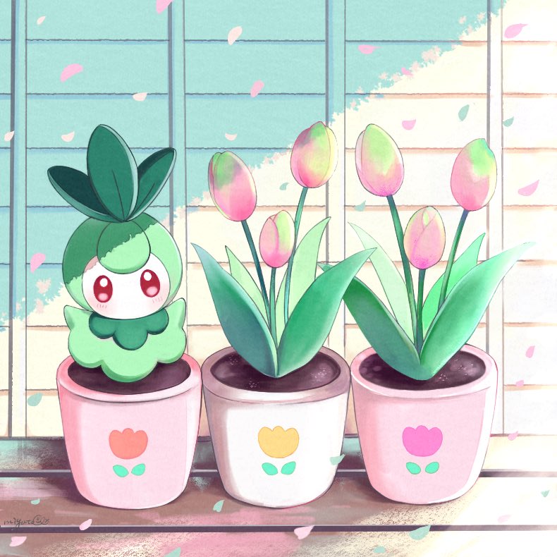 colored_skin falling_petals flower flower_pot full_body green_skin leaf mochopaccho no_humans no_mouth petals petilil pink_flower pink_tulip pokemon pokemon_(creature) shade soil sunlight tulip twitter_username