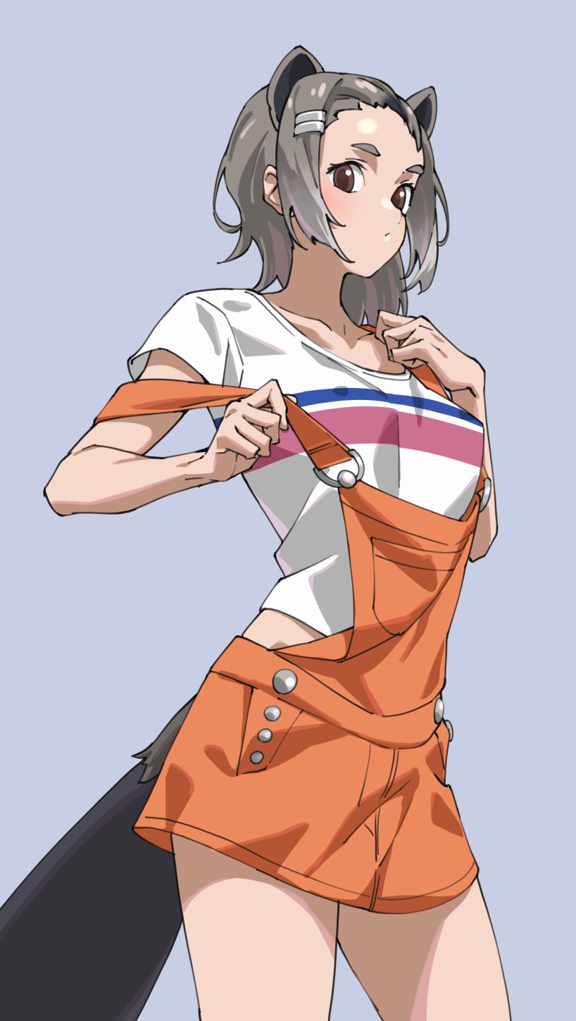 1girl american_beaver_(kemono_friends) animal_ears bare_arms beaver_ears beaver_tail brown_eyes collarbone commentary cowboy_shot extra_ears grey_background grey_hair hair_ornament hairclip highres kemono_friends looking_at_viewer orange_overalls overall_skirt overalls shirt short_hair short_sleeves simple_background solo t-shirt tail tanabe_(fueisei) white_shirt