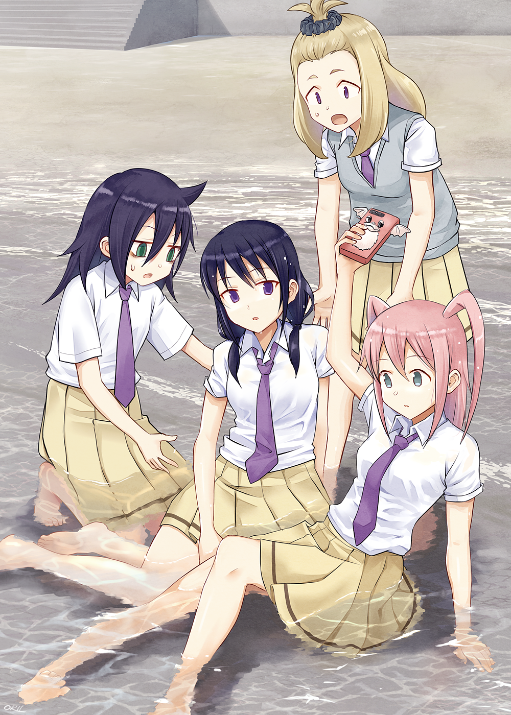 4girls arm_support bags_under_eyes bangs_pinned_back barefoot beach cellphone d: green_eyes hair_ornament hair_scrunchie highres holding holding_phone kuroki_tomoko loose_necktie low_twintails multiple_girls necktie nemoto_hina okada_akane okiru open_mouth outdoors partially_submerged phone pink_hair purple_necktie purple_scrunchie school_uniform scrunchie sitting smartphone smartphone_case squatting stairs standing tamura_yuri twintails two_side_up watashi_ga_motenai_no_wa_dou_kangaetemo_omaera_ga_warui!