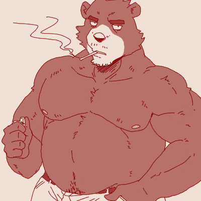 anthro bear belt bottomwear brown_body brown_fur cigarette cigarette_in_mouth clothing fur lighter looking_at_viewer low_res male mammal musclegut muscular muscular_anthro muscular_male navel nipples object_in_mouth pants pecs run_aki smoking solo stubble