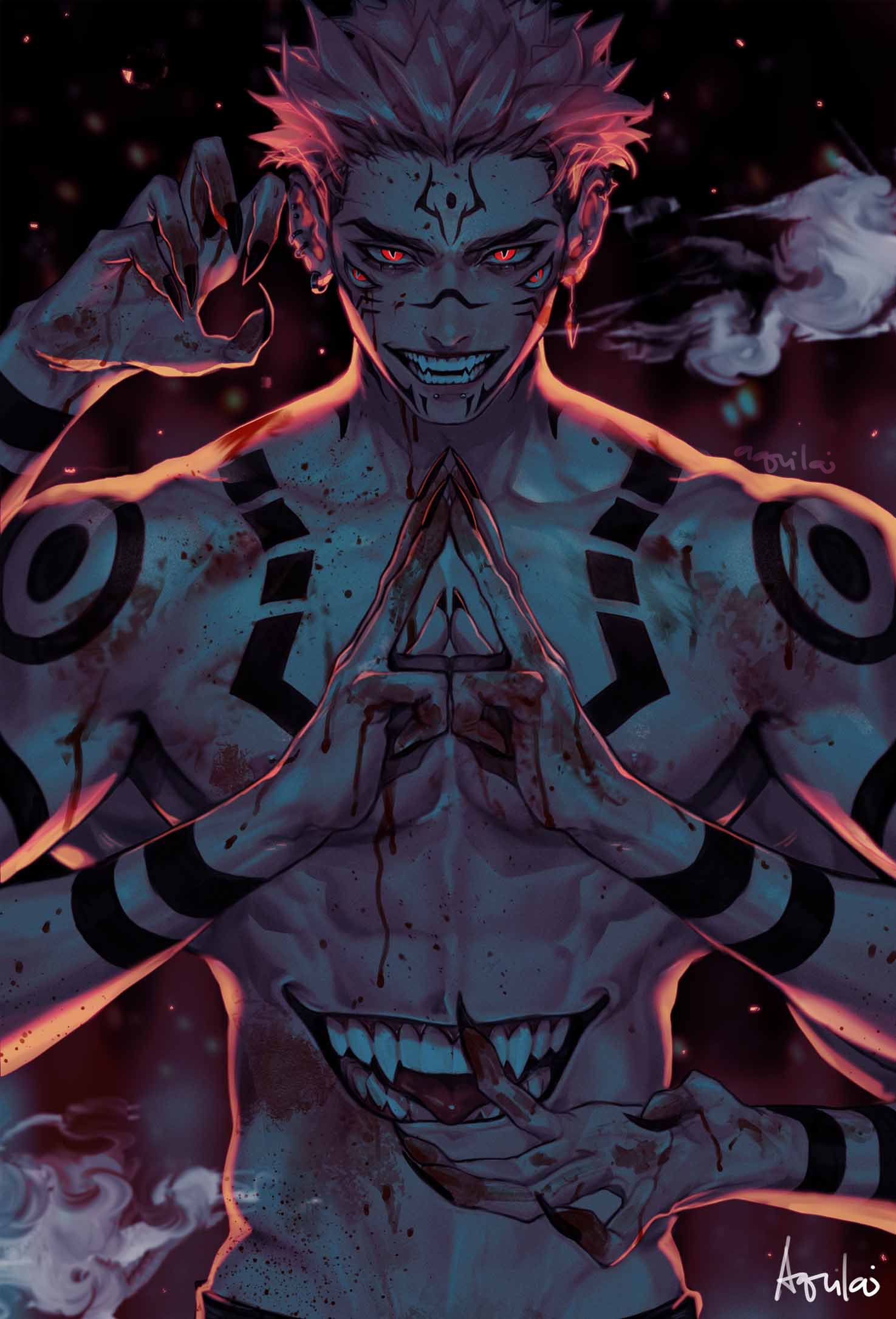2023 abs blood blood_on_face blood_on_hands claws curse hand_gesture highres jujutsu_kaisen male_focus markings ryoumen_sukuna_(jujutsu_kaisen) signature stomach_mouth tongue