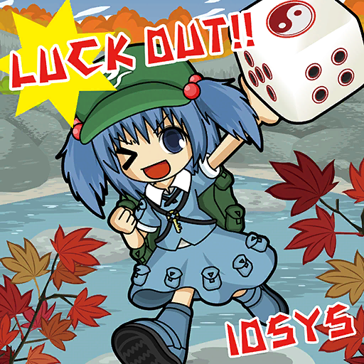 &gt;_o 1girl autumn_leaves backpack bag blue_eyes blue_footwear blue_hair blue_shirt blue_skirt blue_sky boots cabbie_hat clenched_hand cloud collar collared_shirt day english_text full_body game_cg green_bag green_headwear hair_bobbles hair_ornament hat holding_dice iosys kawashiro_nitori key layered_shirt layered_sleeves looking_at_viewer medium_hair medium_skirt official_art one_eye_closed open_mouth outdoors outstretched_arm oversized_object pocket puffy_short_sleeves puffy_sleeves river rock shadow shirt short_sleeves skirt skirt_set sky smile solo touhou touhou_cannonball tree two_side_up uda_tetla v-shaped_eyebrows white_collar white_shirt yin_yang yin_yang_print
