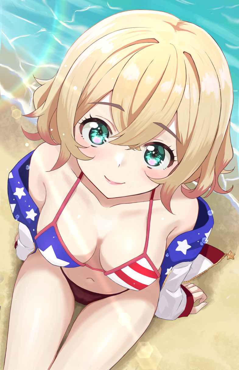 1girl american_flag_bikini beach bikini blonde_hair breasts cleavage cowboy_shot flag_print from_above green_eyes highres jacket kanojo_okarishimasu looking_at_viewer looking_up medium_breasts nanami_mami short_hair solo swimsuit tonton_utaro waving white_jacket