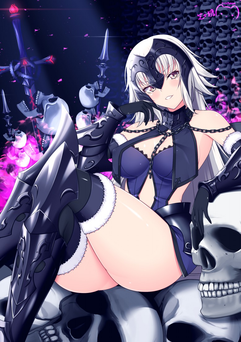 1girl armored_boots arms_up bare_shoulders black_dress black_gloves blush bone boots breasts brown_eyes chain commentary_request crossed_legs detached_sleeves dress fate/grand_order fate_(series) fur-trimmed_legwear fur-trimmed_sleeves fur_trim gauntlets gloves headpiece impaled jeanne_d'arc_alter_(avenger)_(fate) jeanne_d'arc_alter_(avenger)_(third_ascension)_(fate) jeanne_d'arc_alter_(fate) long_hair looking_at_viewer medium_breasts mixed-language_commentary ppshex sitting skull solo sword thighs very_long_hair weapon white_hair