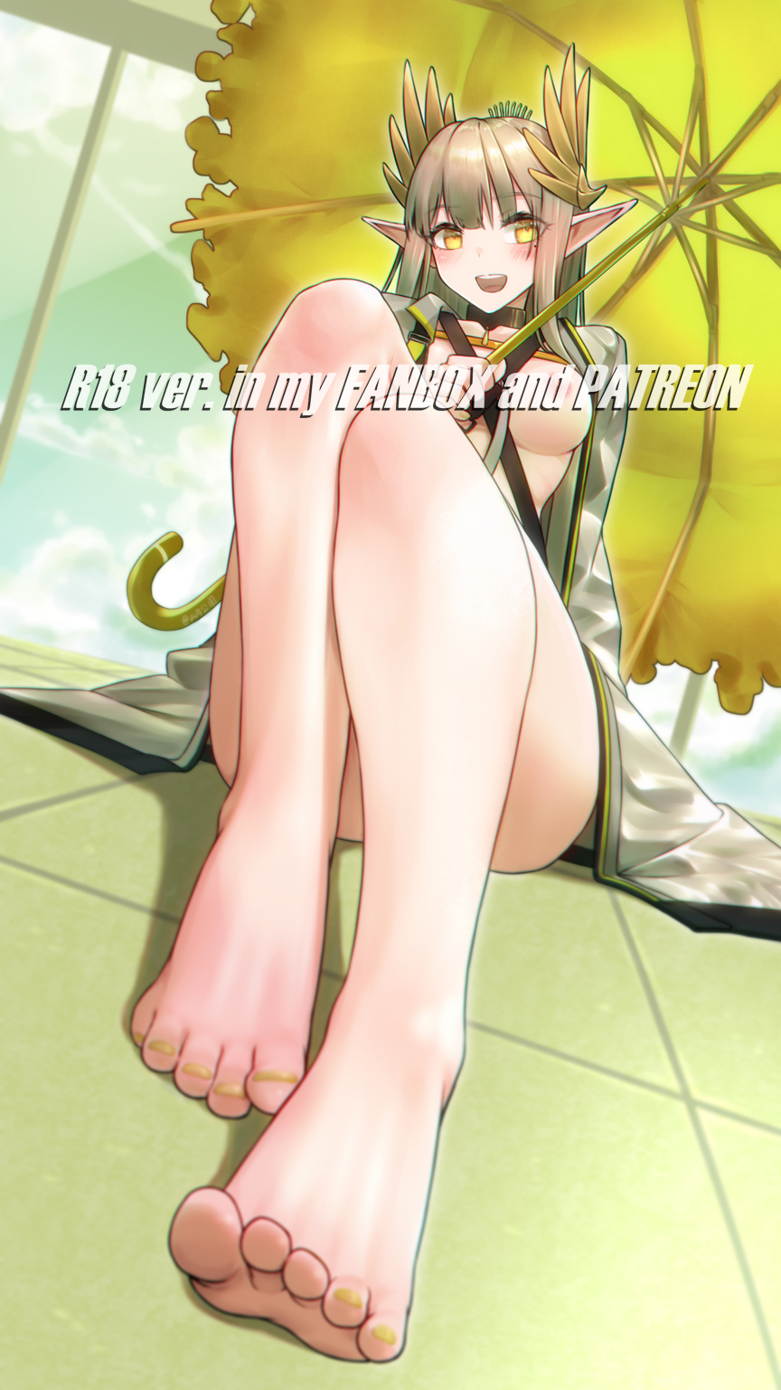 1girl :d areola_slip arknights barefoot black_skirt blunt_bangs blush bottomless breasts brown_shirt censored censored_nipples collarbone convenient_leg covered_nipples dorsiflexion elf feet foot_focus foreshortening full_body highres holding holding_umbrella knees_up lab_coat large_breasts laurel_crown legs long_sleeves looking_at_viewer mole mole_under_eye muelsyse_(arknights) nail_polish on_floor open_mouth pointy_ears shirt sitting skirt smile solo tassel teeth tile_floor tiles toenail_polish toenails toes twitter_username umbrella upper_teeth_only yamauchi_(conan-comy) yellow_eyes yellow_nails