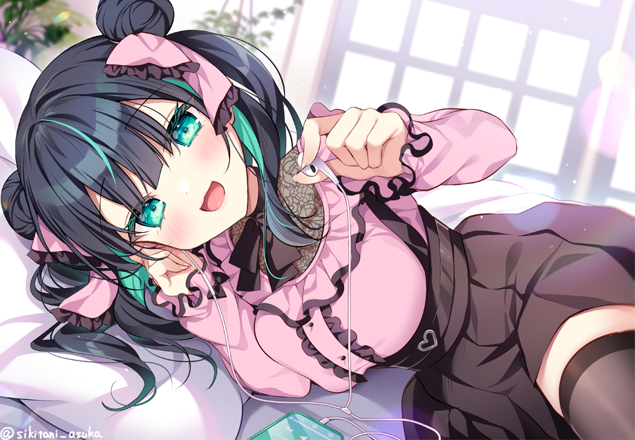 1girl :d black_hair bow breasts brown_skirt brown_thighhighs cellphone center_frills commentary_request double_bun earbuds earphones frilled_bow frills green_eyes green_hair hair_bow hair_bun holding holding_earphones large_breasts long_sleeves lying multicolored_hair on_side original phone pillow pink_bow pink_shirt pleated_skirt puffy_long_sleeves puffy_sleeves shikitani_asuka shirt skirt sleeves_past_wrists smile solo streaked_hair suspender_skirt suspenders thighhighs two_side_up window