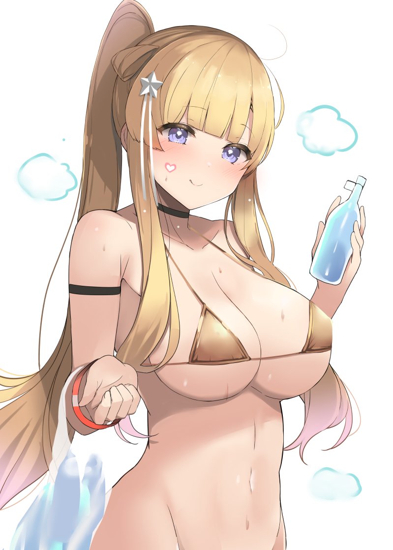 1girl arm_strap bag bare_arms bare_shoulders bikini black_choker blonde_hair blush breasts choker cleavage closed_mouth collarbone fletcher_(kancolle) food gold_bikini groin hair_ornament heart holding holding_food kantai_collection large_breasts long_hair plastic_bag purple_eyes shin_(new) simple_background smile solo star_(symbol) star_hair_ornament swimsuit upper_body white_background
