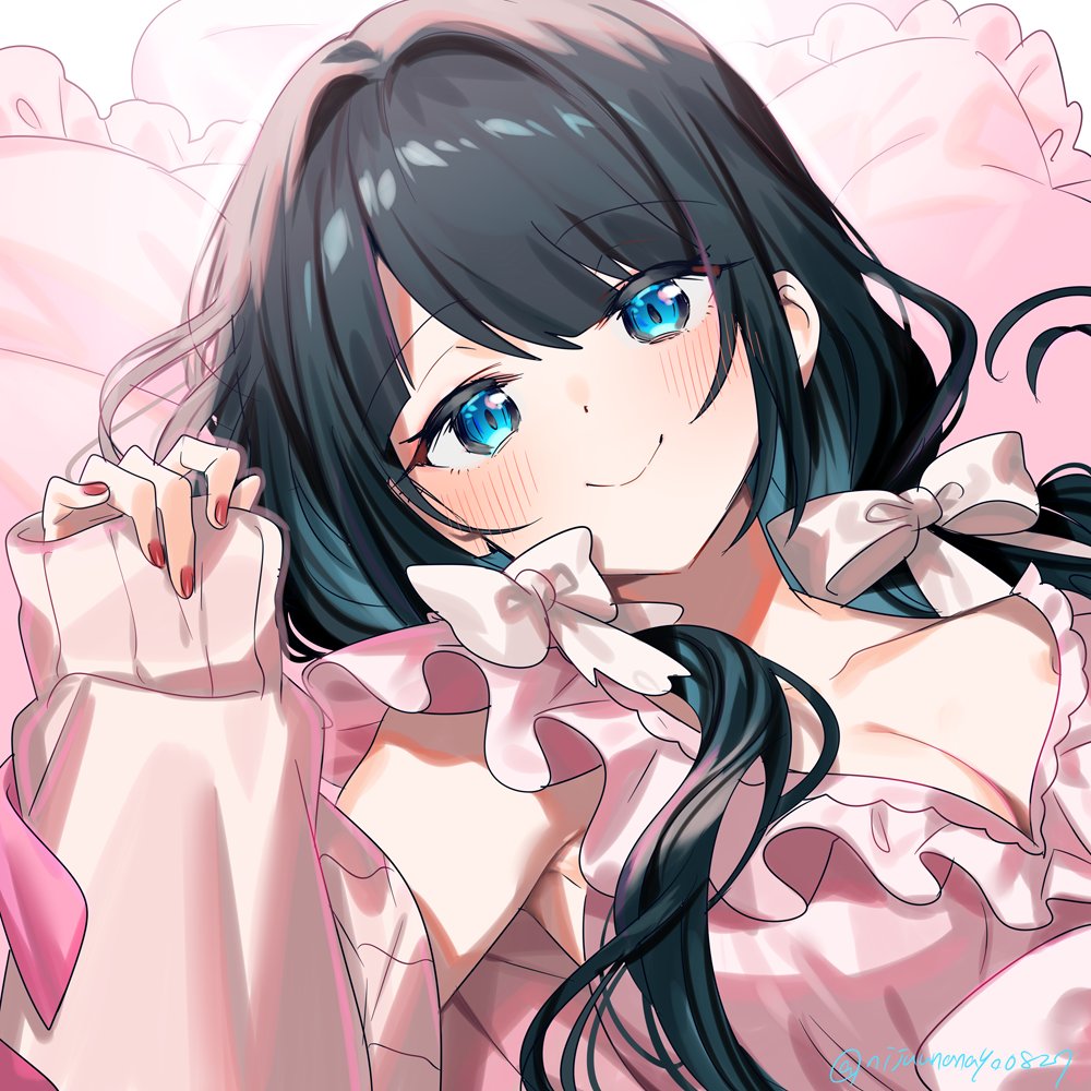 black_hair blue_eyes bow breasts cleavage commentary_request hair_bow long_hair low_twintails miyukiyo nijisanji onomachi_haruka pillow red_nails smile twintails virtual_youtuber white_bow