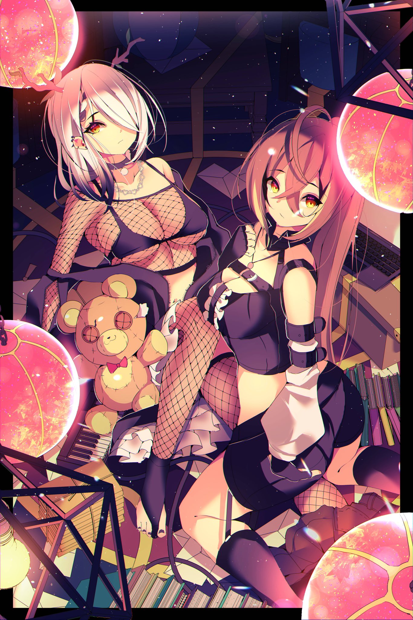 2girls ahoge alternate_costume antlers bikini black_bikini black_choker black_nails book book_stack braid braided_bangs branch brown_eyes brown_hair ceres_fauna choker crop_top crossed_bangs detached_sleeves earrings fishnet_thighhighs fishnet_top fishnets from_above hair_over_one_eye highres hololive hololive_english jewelry lantern long_hair looking_at_viewer multicolored_hair multiple_girls nanashi_mumei necklace night night_sky paper_lantern ponytail punk sitting sky star_(sky) starry_sky streaked_hair stuffed_animal stuffed_toy swimsuit teddy_bear the0neulost thighhighs very_long_hair virtual_youtuber white_hair yellow_eyes