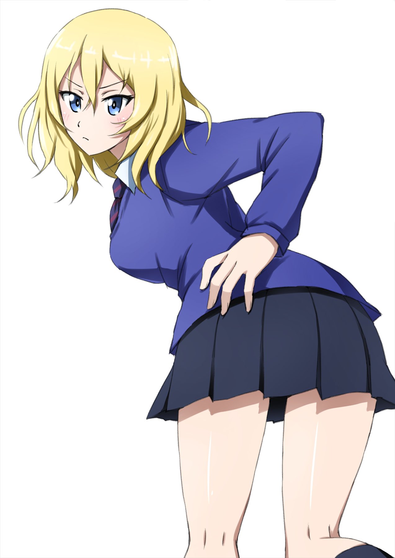 1girl bc_freedom_school_uniform black_dress black_socks blonde_hair blue_cardigan blue_eyes blue_necktie cardigan closed_mouth commentary dress dress_shirt from_behind frown girls_und_panzer hand_on_own_hip highres kneehighs kneepits leaning_forward light_blush long_sleeves looking_at_viewer looking_back medium_hair messy_hair necktie omachi_(slabco) oshida_(girls_und_panzer) pinafore_dress pleated_dress school_uniform shirt short_dress simple_background sleeveless sleeveless_dress socks solo standing white_background white_shirt