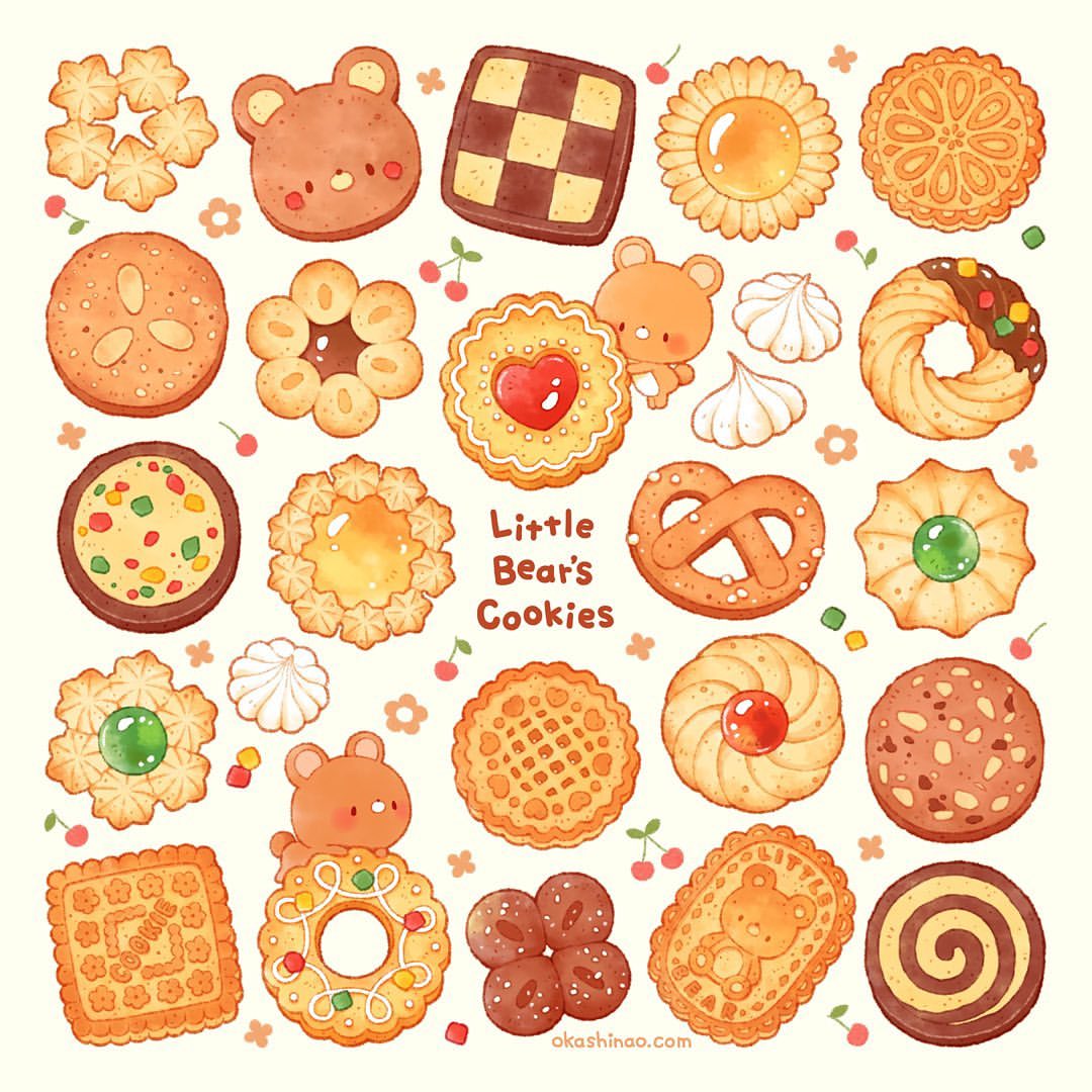animal-themed_food animal_ears animal_focus artist_name bear bear_ears blush_stickers brown_eyes cherry commentary cookie english_commentary english_text floral_background food food_focus fruit meringue mixed-language_commentary no_humans original pretzel solid_oval_eyes star-shaped_cookie white_background