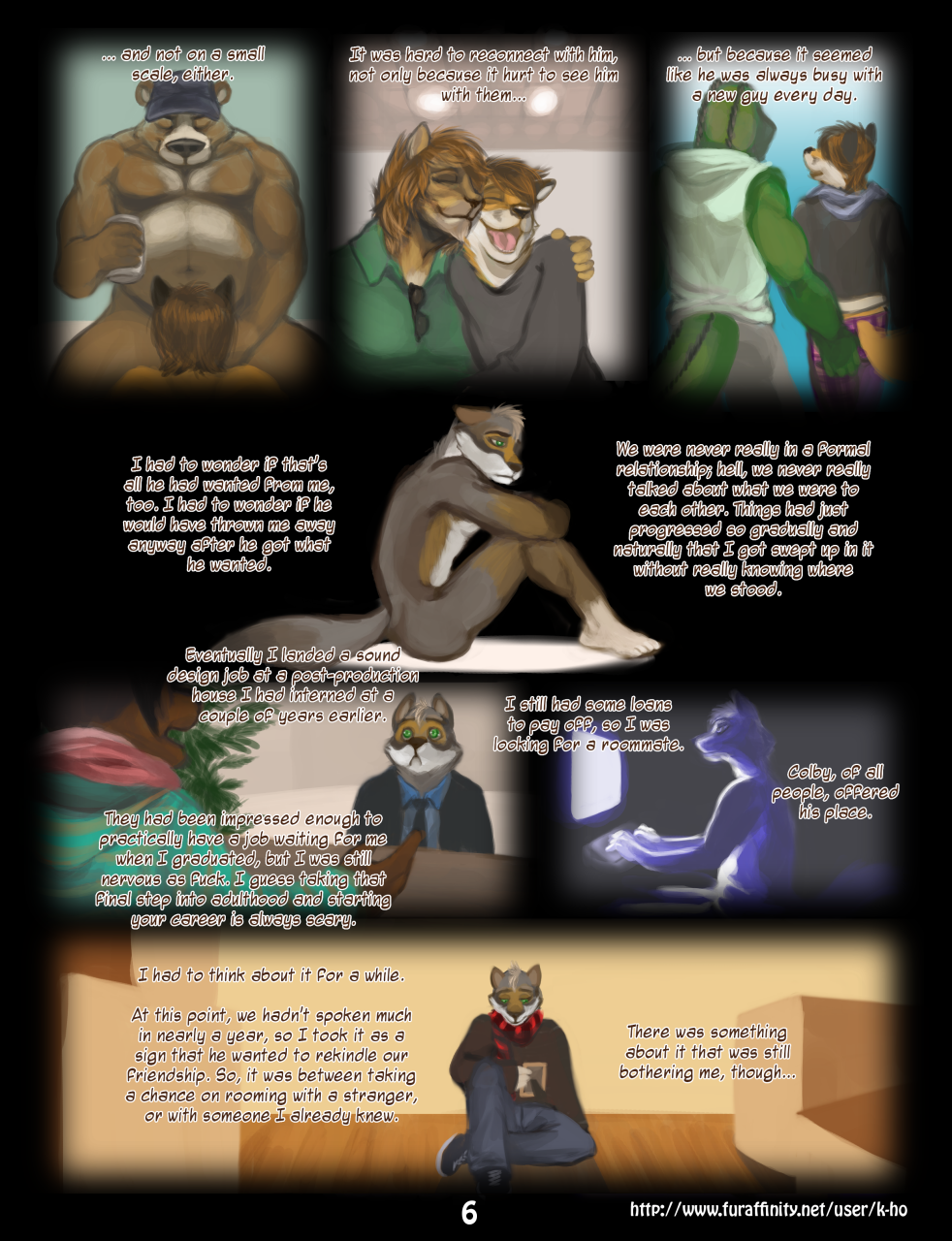 anthro asher_(k-ho) bear beverage black_border border bottomwear brown_body brown_fur canid canine canis clothed clothing colby_(k-ho) comic computer computer_keyboard dark_room domestic_dog duo english_text eyes_closed eyewear felid fox fully_clothed fur green_body green_eyes grey_body grey_fur hand_on_butt hat headgear headwear hi_res hoodie inside k-ho lion male male/male mammal multicolored_body multicolored_fur necktie nude open_mouth oral pantherine pants picture_frame pink_tongue plant sad scalie shirt sitting sitting_on_ground solo suit sunglasses sunglasses_on_shirt text tongue topwear two_tone_body two_tone_fur walking white_body white_fur wolf