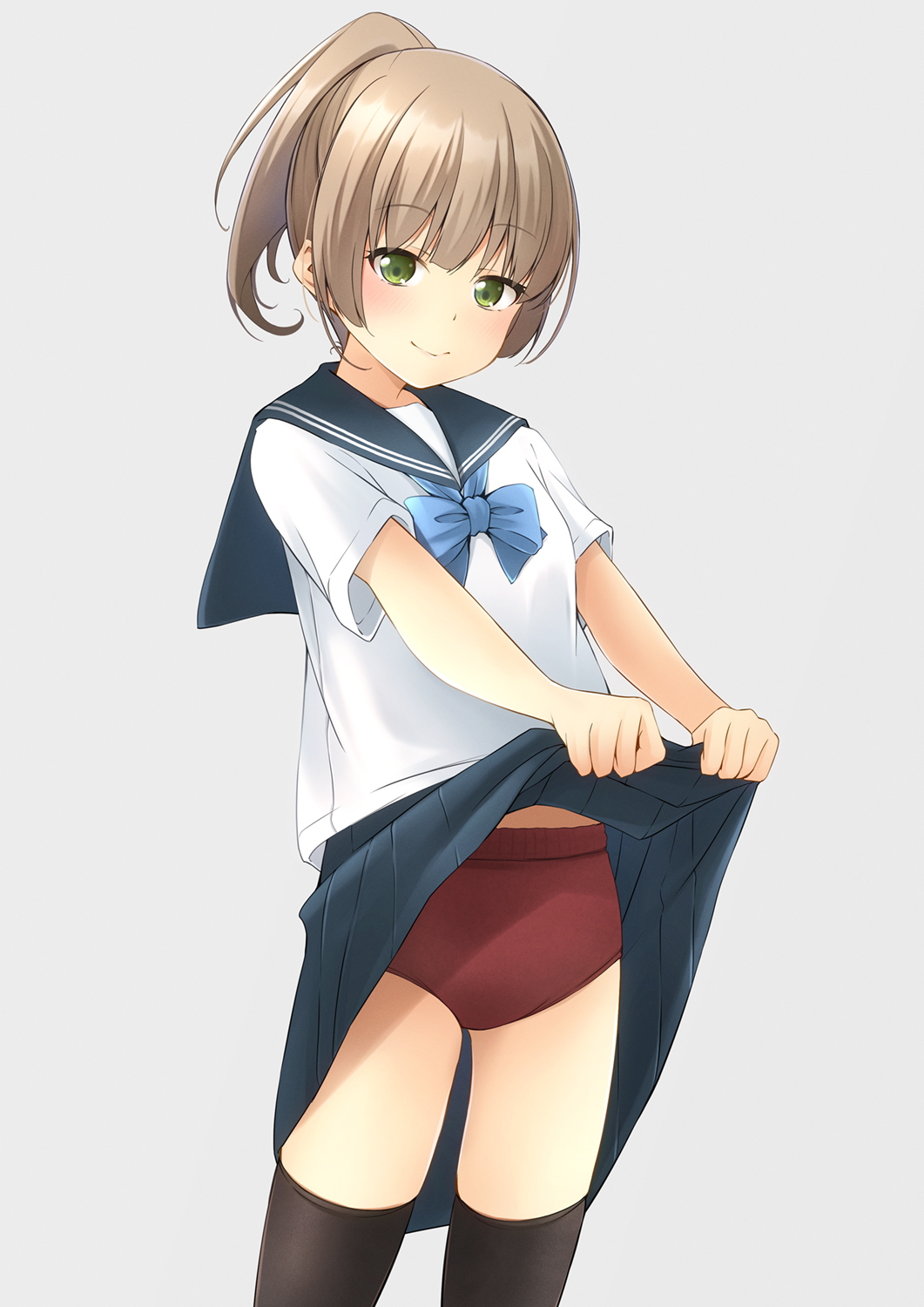 1girl bow brown_hair buruma buruma_under_skirt clothes_lift green_eyes highres original ponytail sailor_collar school_uniform serafuku shibacha short_sleeves simple_background skirt skirt_lift solo thighhighs thighs