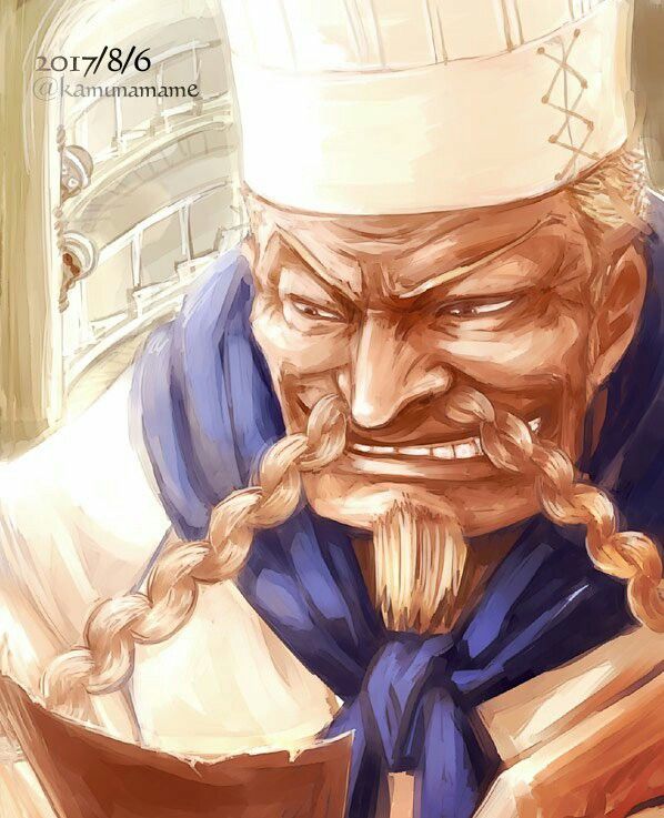 1boy 2017 artist_name ascot bad_id bad_pixiv_id beard blonde_hair braid braided_beard chef chef_hat dated facial_hair hat kamuna8046z long_mustache male_focus mustache one_piece red-leg_zeff short_hair smile solo teeth uniform