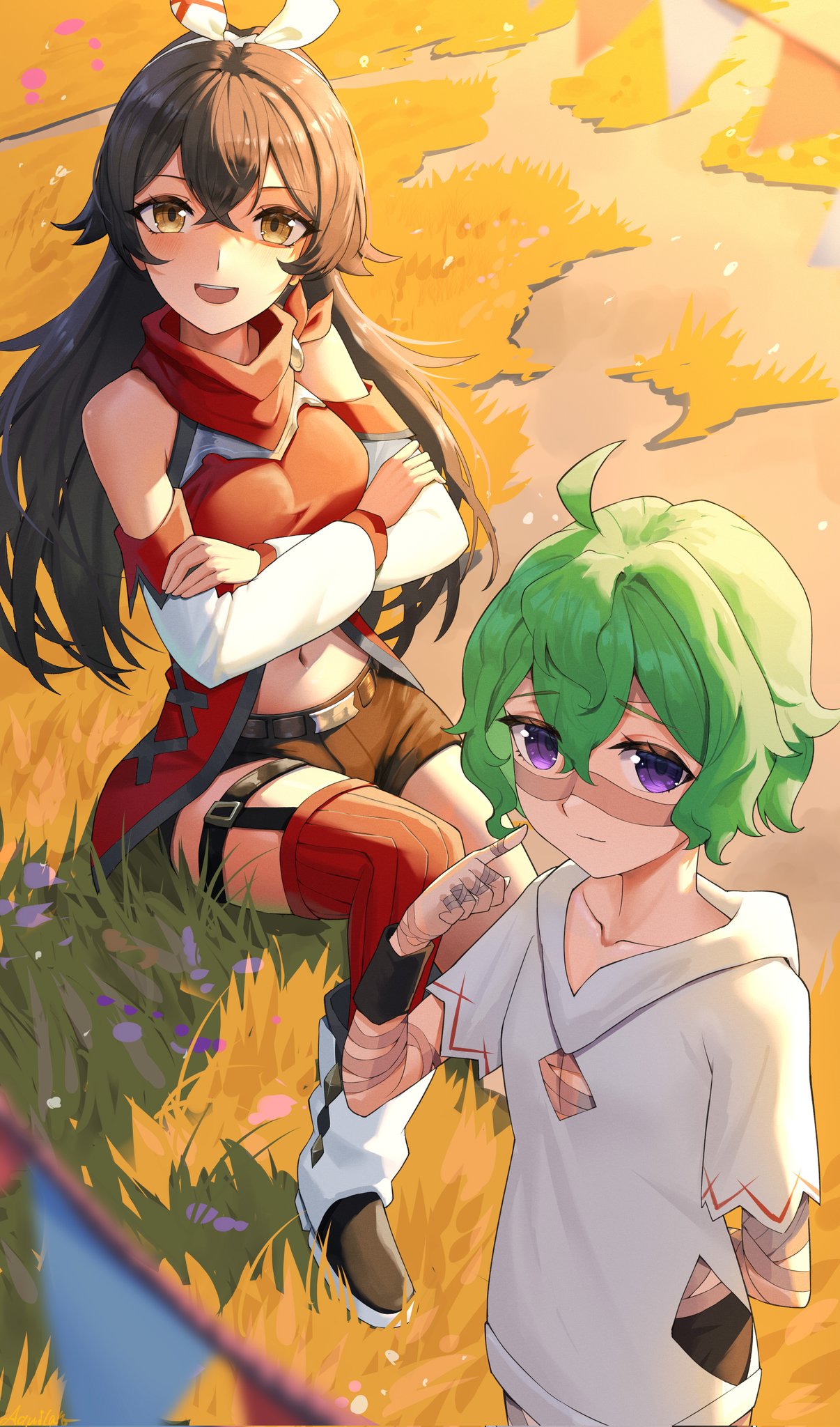 2girls amber_(genshin_impact) aquilar bandaged_arm bandaged_fingers bandages boots breasts brown_hair brown_shorts collei_(genshin_impact) crop_top genshin_impact grass green_hair hair_between_eyes hair_ribbon highres long_hair multiple_girls navel official_alternate_costume on_grass open_mouth purple_eyes red_scarf red_shirt red_thighhighs ribbon scarf shirt short_sleeves shorts single_thighhigh smile stomach thighhighs white_hood white_ribbon white_sleeves yellow_eyes