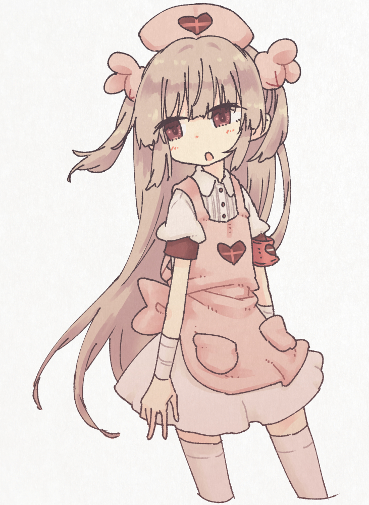 &gt;_&lt; 1girl akichi_33 apron armband arms_at_sides bandaged_wrist bandages blush collared_dress cropped_legs dress hair_ornament hat heart heart_print light_brown_hair long_hair looking_to_the_side natori_sana nurse_cap open_mouth pink_apron pink_headwear pocket puffy_short_sleeves puffy_sleeves rabbit_hair_ornament red_armband red_eyes sana_channel short_sleeves solo standing thighhighs two_side_up very_long_hair virtual_youtuber white_dress white_thighhighs