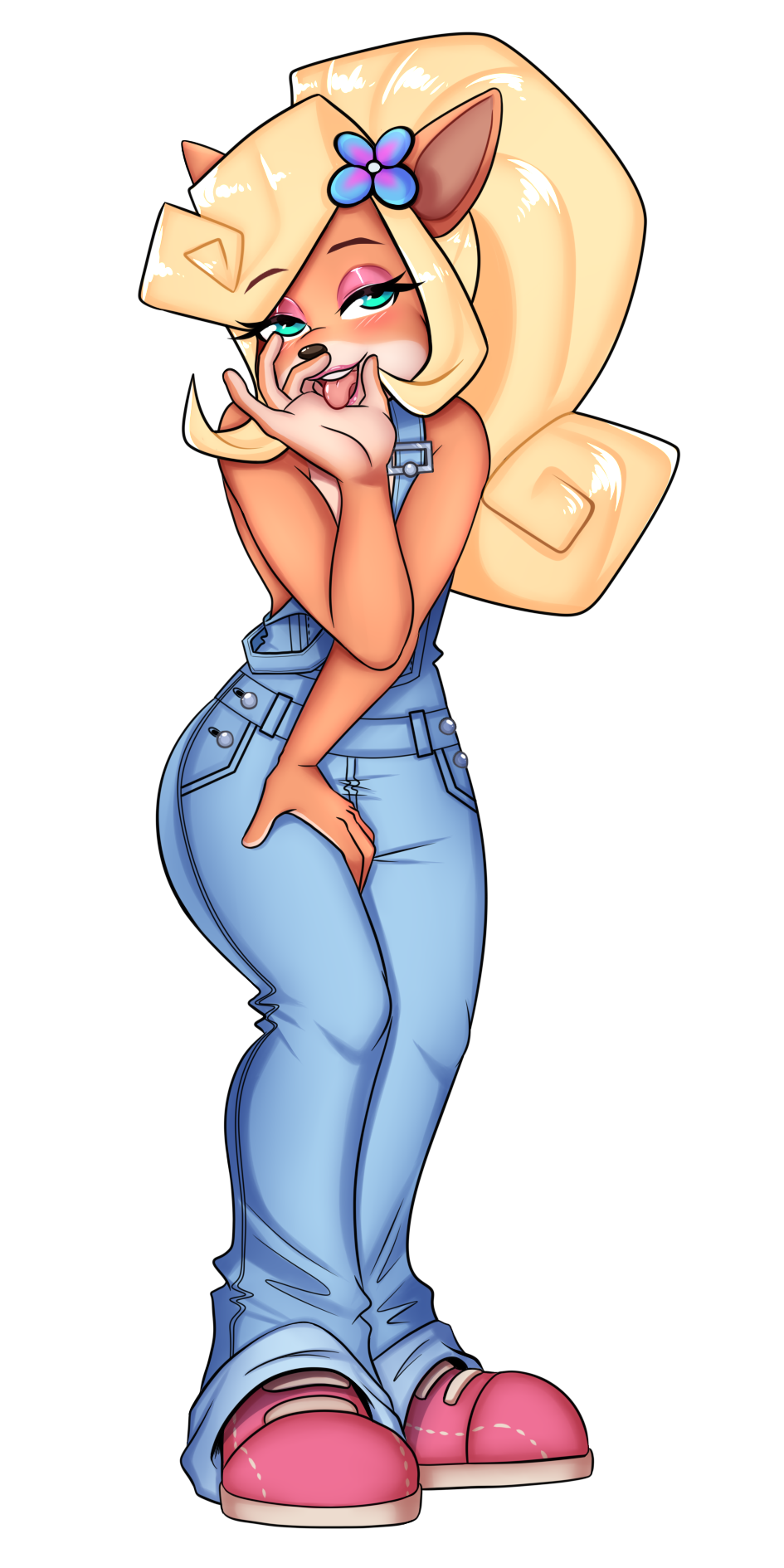 activision anthro breasts clothed clothing coco_bandicoot crash_bandicoot_(series) damoart female fur gesture hi_res overalls smile solo suggestive suggestive_gesture tongue topless