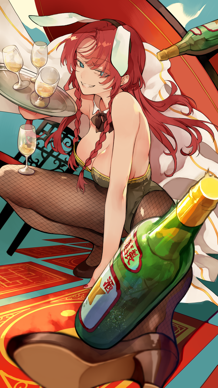 1girl alcohol alternate_costume animal_ears black_footwear blue_eyes bottle bow bowtie braid breasts cleavage detached_collar fake_animal_ears fake_tail fishnet_pantyhose fishnets green_leotard high_heels highres hong_meiling large_breasts leotard liquor long_hair no_headwear pantyhose playboy_bunny rabbit_ears rabbit_tail red_hair risui_(suzu_rks) side_braid smile strapless strapless_leotard tail touhou tray twin_braids
