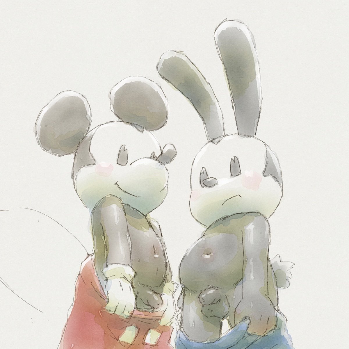 4_fingers anthro apluss balls beady_eyes black_body black_eyes blush bottomwear bottomwear_pull clothed clothing clothing_pull disney duo embarrassed fingers flaccid genitals gloves handwear happy hi_res lagomorph leporid male mammal mickey_mouse murid murine navel oswald_the_lucky_rabbit partially_clothed penis rabbit rat rodent shorts shorts_down shorts_only shorts_pull tail