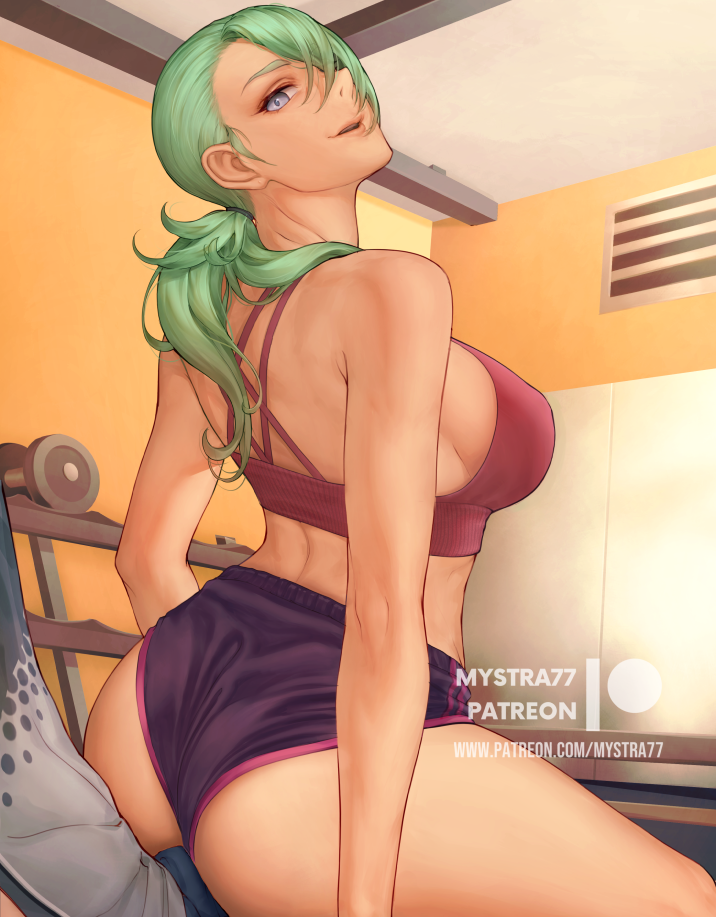 1boy 1girl ass breasts dumbbell from_behind girl_on_top green_hair grey_eyes indoors large_breasts looking_at_viewer mystra77 open_mouth original playing_sports ponytail sports_bra web_address