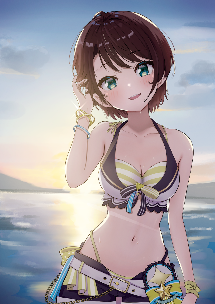 1girl aqua_eyes belt bikini black_bikini black_shorts blue_sky blurry blurry_background blush bow bracelet breasts brown_hair cleavage collarbone cowboy_shot depth_of_field eyelashes gradient_sky hand_up highleg highleg_swimsuit highres hololive hololive_summer_2023_swimsuit jewelry large_breasts looking_at_viewer multicolored_bikini multicolored_clothes navel oozora_subaru open_mouth orange_sky outdoors parted_bangs short_hair shorts sidelocks sky solo stomach sunset swimsuit taachika teeth upper_teeth_only virtual_youtuber wet white_belt white_bikini yellow_bikini yellow_bow