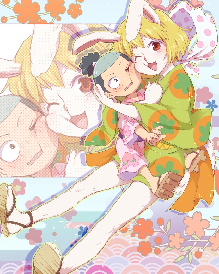 0aoiurn0 1boy 1girl animal_ears black_hair blonde_hair blush carrot_(one_piece) japanese_clothes looking_at_viewer momonosuke_(one_piece) one_eye_closed one_piece open_mouth rabbit_ears rabbit_tail short_hair smile tail