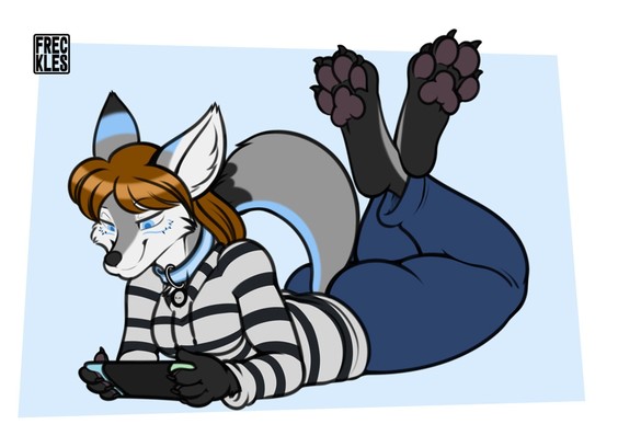 anthro blue_markings bottomwear brown_body brown_fur canid canine canis cheek_tuft clothing collar denim denim_bottomwear denim_clothing facial_tuft feet_up female freckles_(artist) fur grey_body grey_fur grey_pawpads half-closed_eyes hoodie jeans mammal markings narrowed_eyes nintendo nintendo_switch pants pawpads paws simple_background smile solo topwear tuft white_body white_fur wolf