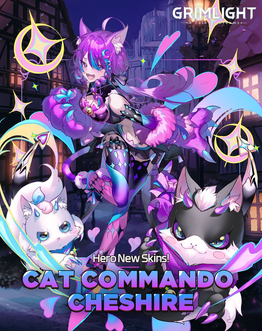 1girl ahoge animal_ears animal_hands blue_hair breasts cat cat_ears cheshire_cat_(grimlight) claw_(weapon) cleavage commentary crescent crescent_hair_ornament english_commentary english_text full_body gloves grimlight hair_ornament long_hair multicolored_hair official_art open_mouth paw_gloves ponytail purple_eyes purple_hair smile solo streaked_hair weapon